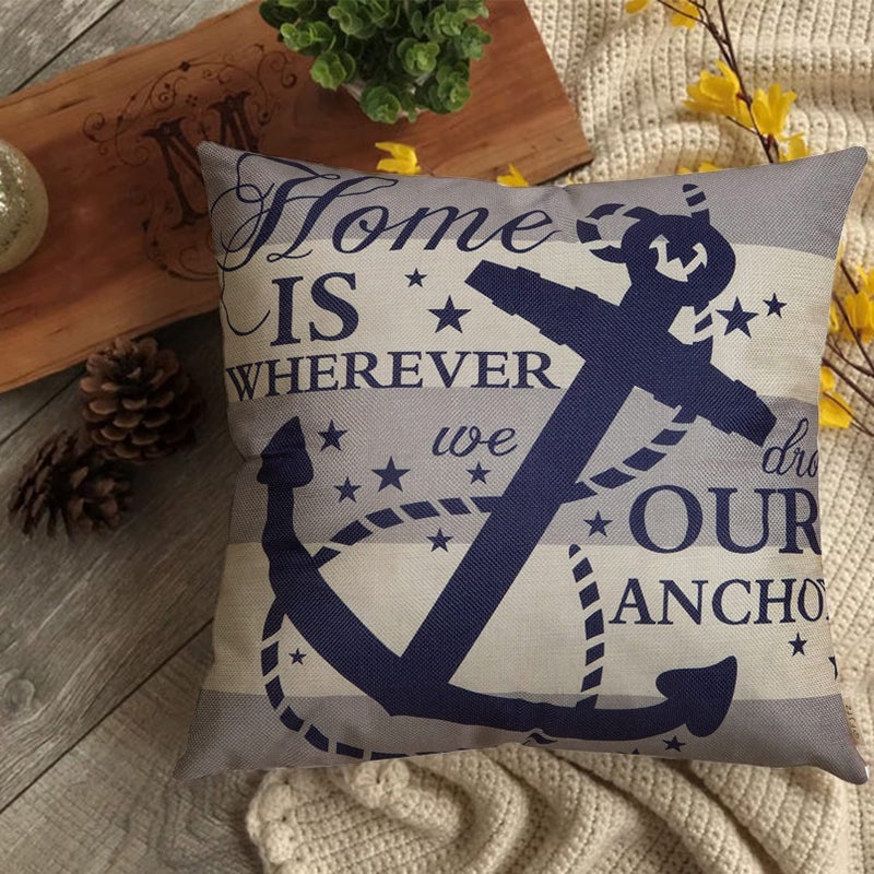 Fjfz Nautical Farmhouse Decorative Throw Pillow Cover 18x18 Home is Wherever We Drop Our Anchor Quote Sign Summer Ocean Cruise Lover Decoration Home Decor Cotton Linen Cushion Case for Sofa Couch - Image 5